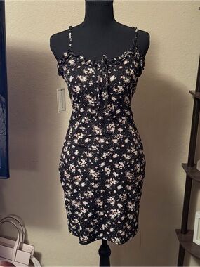 Smocked Floral Cami Mini Dress in Black